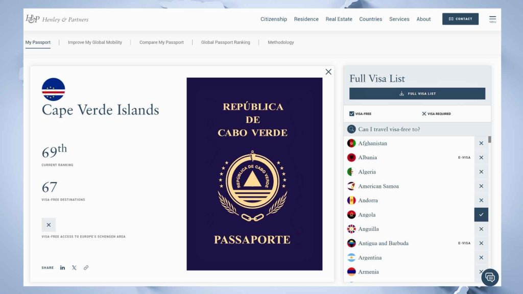 Página do site Henley Passport Index, onde pode encontrar informação atualizada
