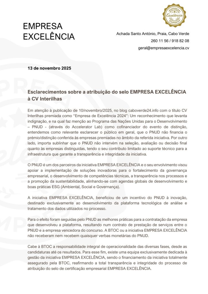 Direito de Resposta — Esclarecimentos da Empresa Excelência sobre a atribuição do selo à CV Interilhas