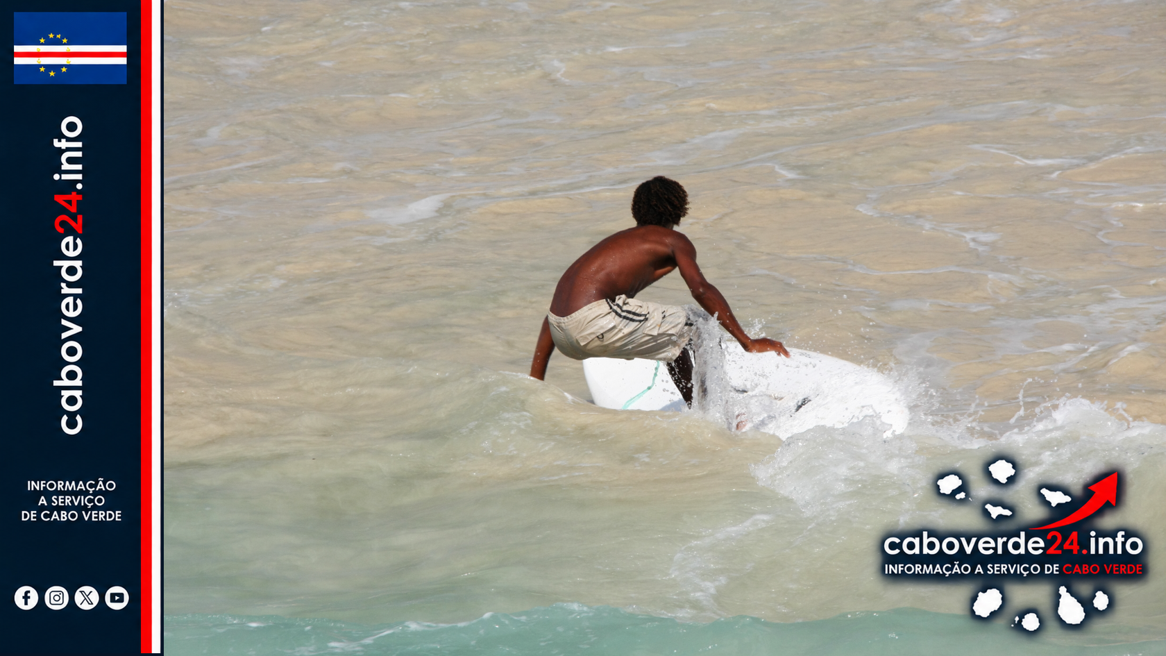 Surfista local em Santa Maria, ilha do Sal, numa fotografia de arquivo de 2010. A imagem ilustra natureza, lazer e contexto de vida; não representa a produção do índice.