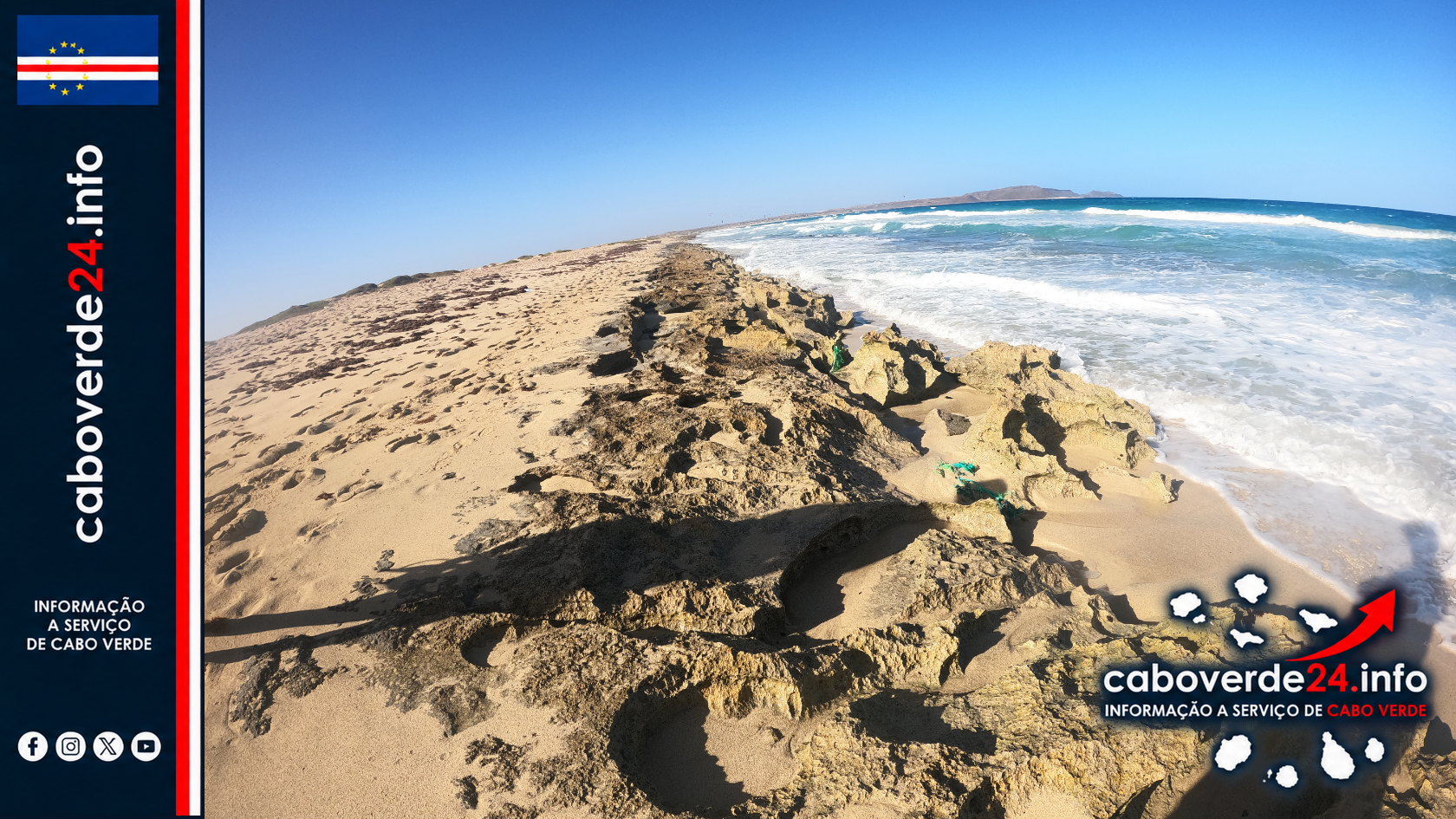 Praia perto de Santa Maria, na ilha do Sal. Imagem de arquivo, captada em 2024; não mostra o futuro edifício da Casa do Clima nem o Largo da Força Aérea.