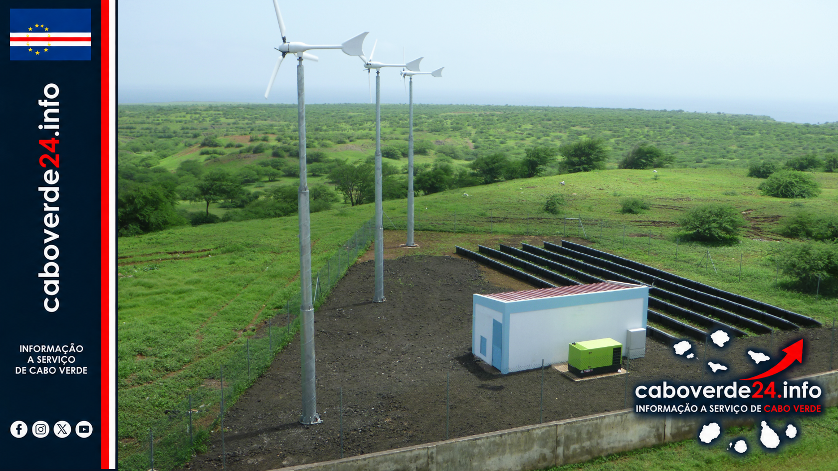 Arquivo — sistema híbrido de energia fotografado em Cabo Verde em 4 de outubro de 2012, com painéis solares, armazenamento e pequenas turbinas. A imagem é ilustrativa e não mostra a instalação do concurso nem a futura intervenção em Mindelo.