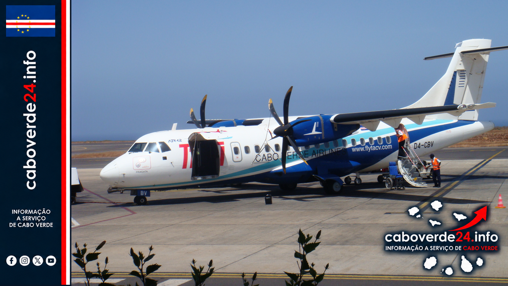 Arquivo — avião ATR da companhia cabo-verdiana TACV no Aeroporto Internacional da Praia, fotografado em 2009. A imagem ilustra a mobilidade internacional e não documenta uma aeronave, rota ou operação atual.