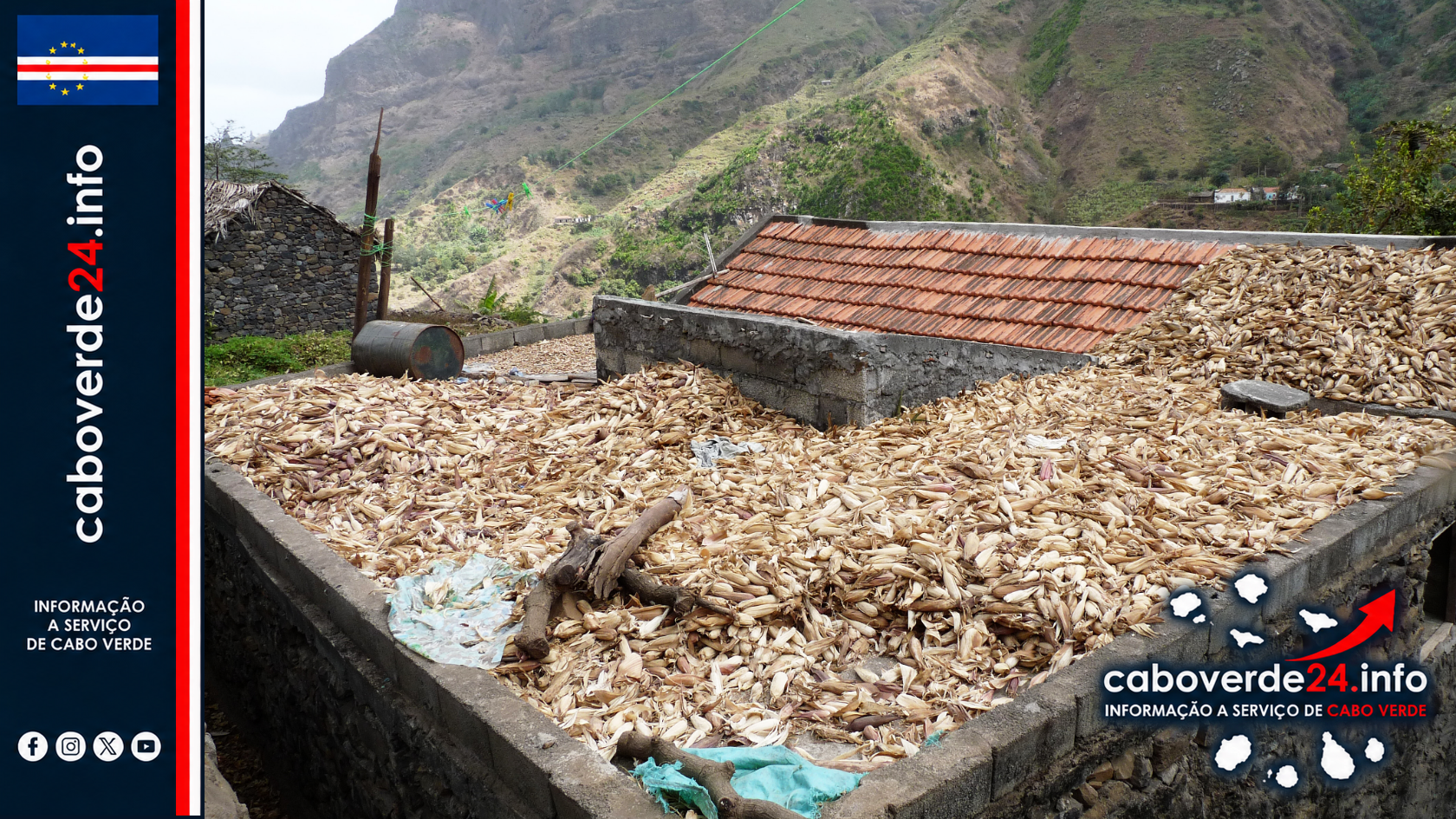 Milho a secar no telhado de uma casa em Ribeira Principal, ilha de Santiago, numa fotografia de arquivo. A imagem não mostra as explorações citadas nem os danos relatados em outubro de 2026.