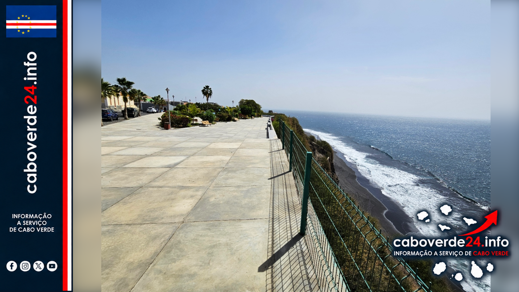 Praça do Presídio e praia de Fonte Bila, em São Filipe. Fotografia de arquivo de fevereiro de 2025; não mostra a queda de rochas nem a interdição atual.